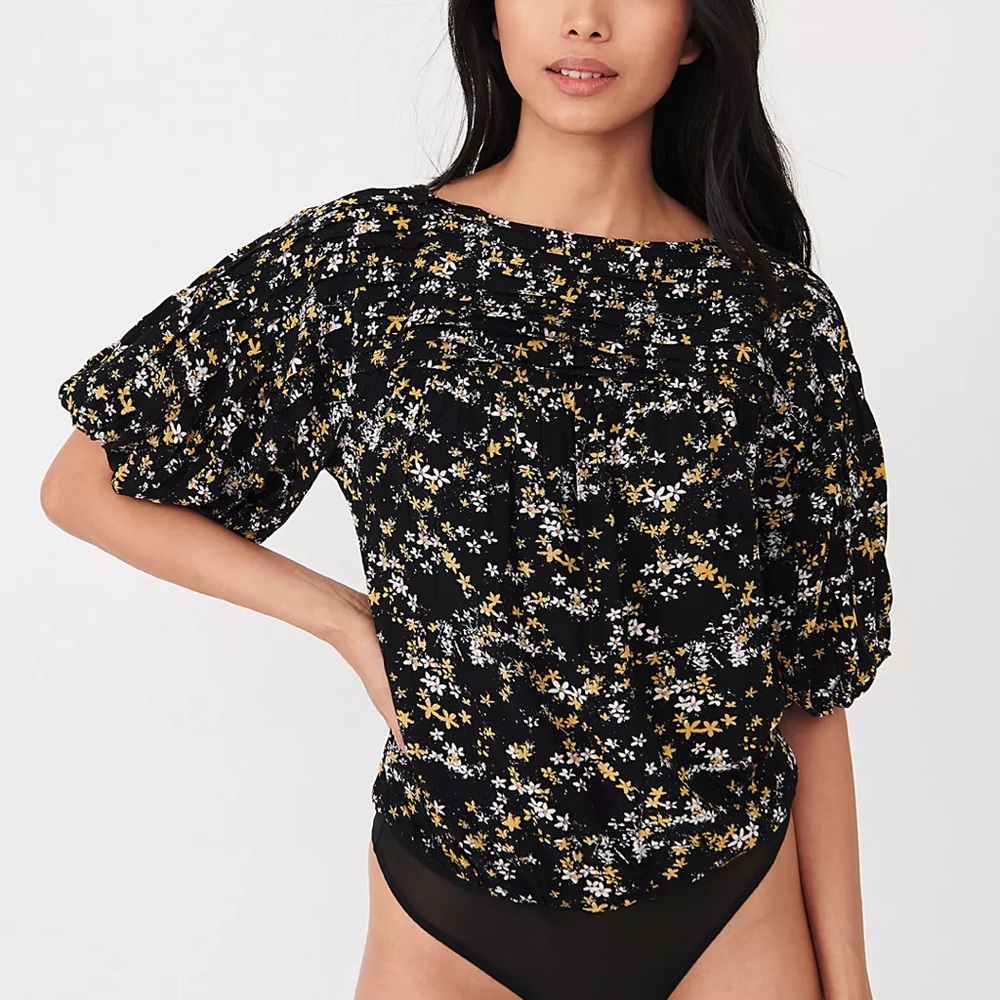 Free People Black Floral Tie-Back Bodysuit